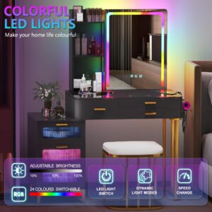 Gurexl RGB Vanity Desk with Mirror and Lights, Glass Top Makeup Vanity Table with Wireless Charging Station, Modern Dressing Table with 24 Lighting Modes, Cushioned Stool Included