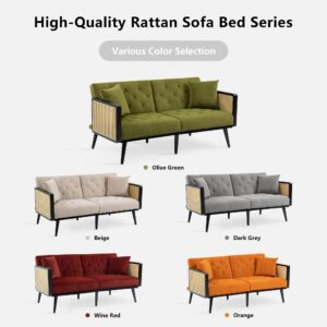 Dolonm 62 Inch Velvet Sofa with Rattan Armrests and 2 Pillows, Loveseat Sofa with Metal Feet, Modern Convertible Futon Couch, Multi-Functional Sofa Bed, Accent Sofa for Living Room, Olive Green