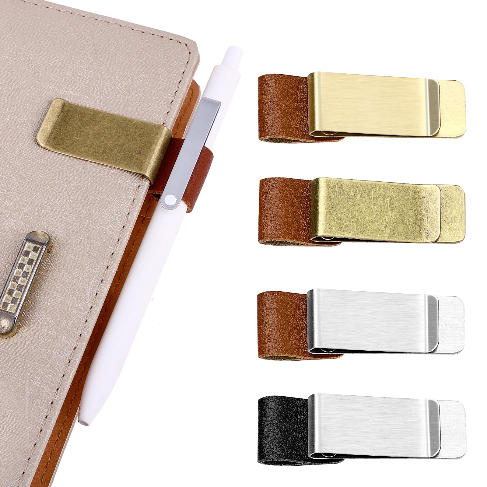 Giantree Pen Loop Holder, 4Pcs Metal Pen Holder Notebook Leather Retro Notebook Pen Holder Pen Loop with Clips for Journal Notebook Planner Clipboard Office Pocket Calendar Magazines