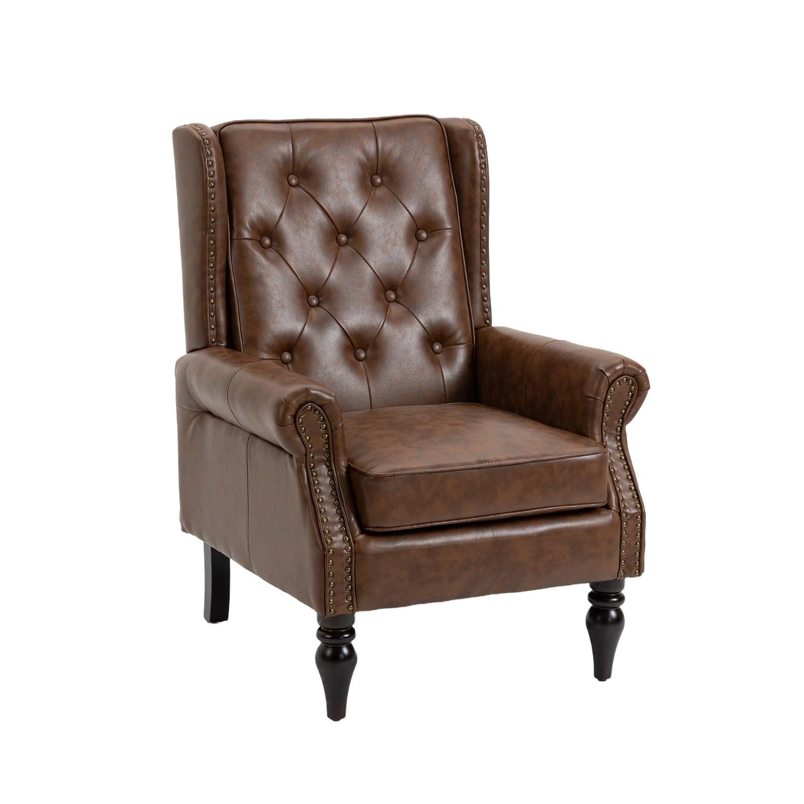 FRITHJILL Faux Leather Mid Century Modern Accent Chair with Wooden Legs and Wing Back, Rivet Decoration Upholstered Tufted Armchair with High Backrest and Track Arms, Brown PU