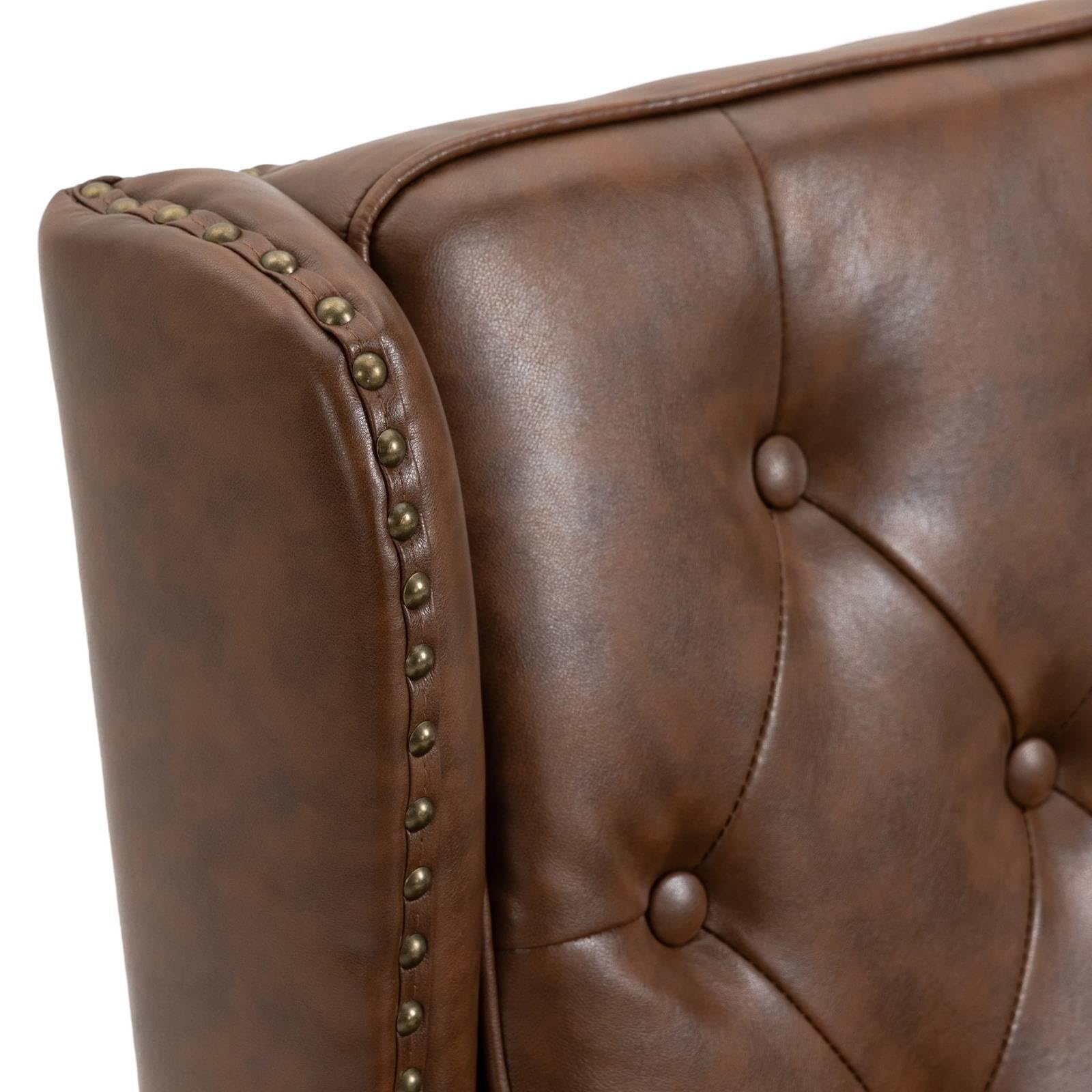 FRITHJILL Faux Leather Mid Century Modern Accent Chair with Wooden Legs and Wing Back, Rivet Decoration Upholstered Tufted Armchair with High Backrest and Track Arms, Brown PU