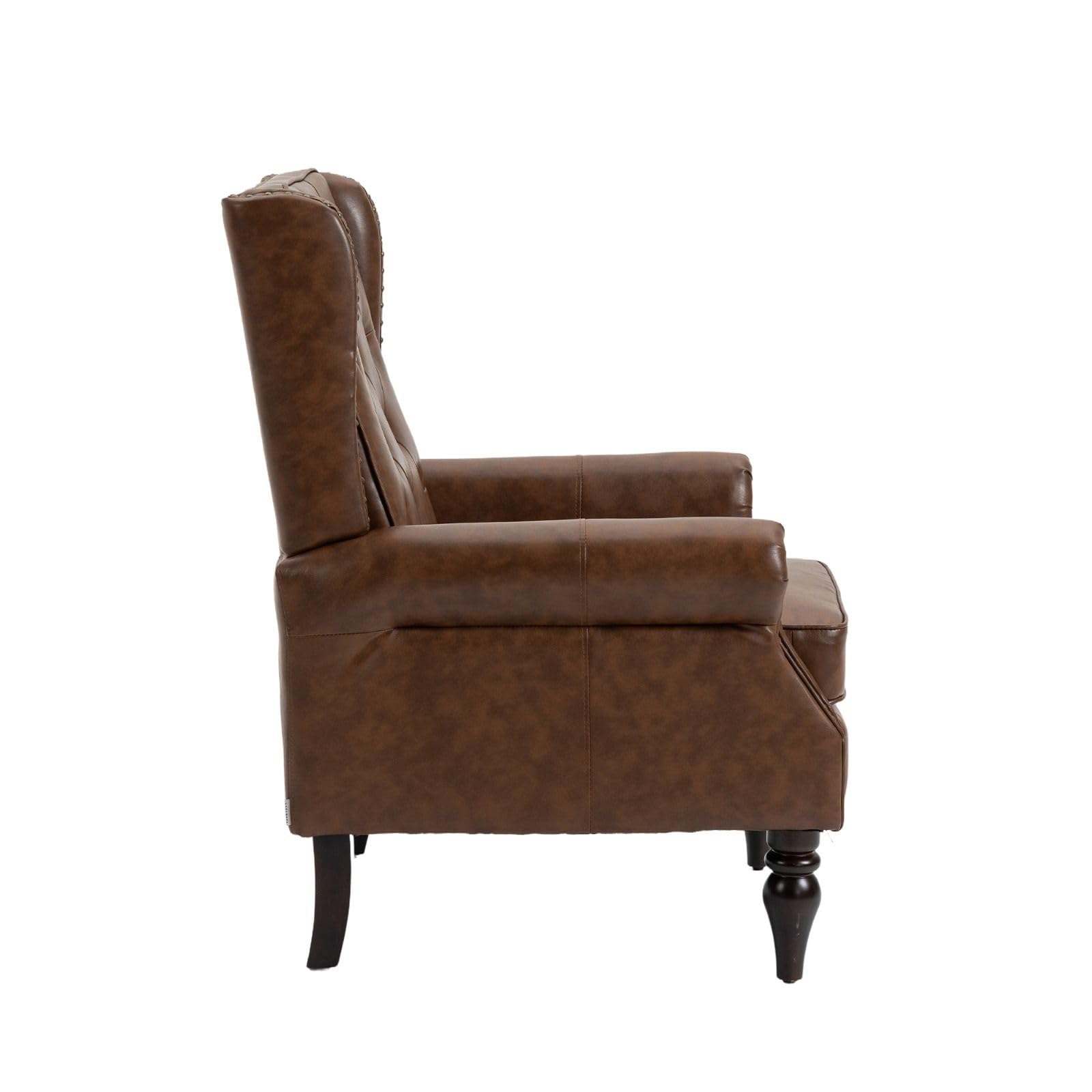 FRITHJILL Faux Leather Mid Century Modern Accent Chair with Wooden Legs and Wing Back, Rivet Decoration Upholstered Tufted Armchair with High Backrest and Track Arms, Brown PU