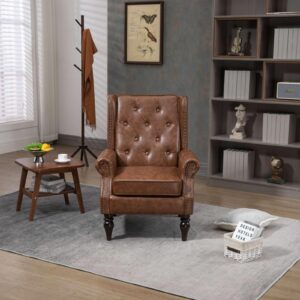 FRITHJILL Faux Leather Mid Century Modern Accent Chair with Wooden Legs and Wing Back, Rivet Decoration Upholstered Tufted Armchair with High Backrest and Track Arms, Brown PU