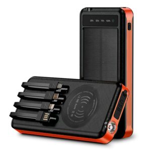 outdoor solar portable power bank with wireless charging, built-in charging cables, 10000mah battery, ip65 waterproof, dustproof, digital power indicator, led flashlight, high conversion efficiency