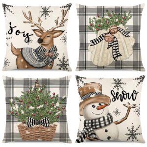 Mencly Christmas Pillow Covers 18 x 18 Inch Set of 4, Grey Buffalo Plaid Christmas Throw Pillow Covers Xmas Decorations Deer Tree Snowman Holiday Decorative Couch Cushion Cases Home Party Sofa Decor