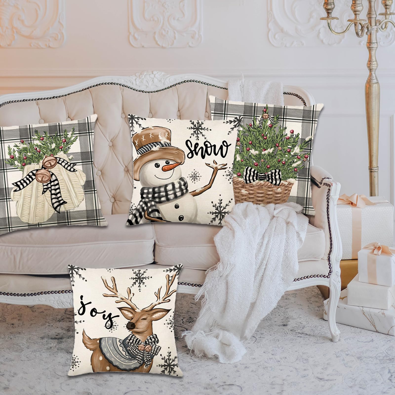 Mencly Christmas Pillow Covers 18 x 18 Inch Set of 4, Grey Buffalo Plaid Christmas Throw Pillow Covers Xmas Decorations Deer Tree Snowman Holiday Decorative Couch Cushion Cases Home Party Sofa Decor