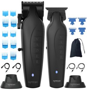 supreme trimmer 2-in-1 vader clipper & trimmer kit | cordless beard trimmer & mens clippers set for barbers or home | with dlc coated blades | black