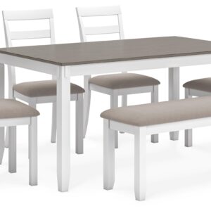 Signature Design by Ashley Stonehollow Modern Farmhouse Dining Table with Upholstered Chairs and Bench, Set of 6, White & Gray