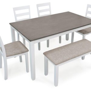 Signature Design by Ashley Stonehollow Modern Farmhouse Dining Table with Upholstered Chairs and Bench, Set of 6, White & Gray