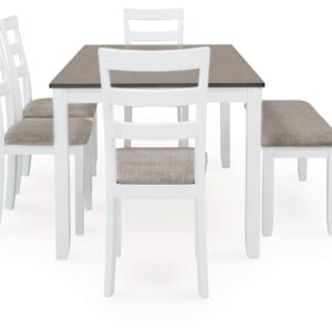 Signature Design by Ashley Stonehollow Modern Farmhouse Dining Table with Upholstered Chairs and Bench, Set of 6, White & Gray