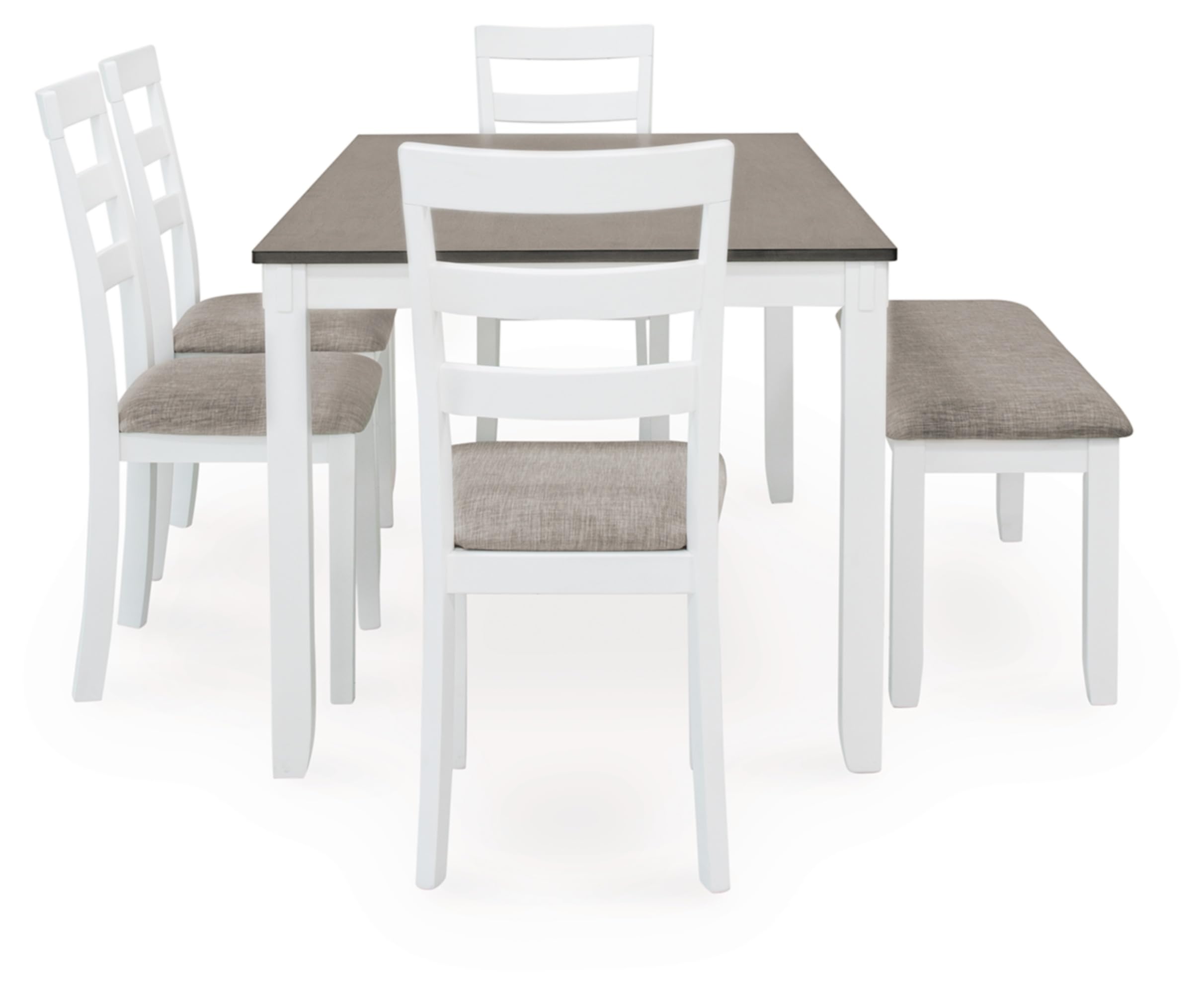 Signature Design by Ashley Stonehollow Modern Farmhouse Dining Table with Upholstered Chairs and Bench, Set of 6, White & Gray