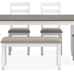 Signature Design by Ashley Stonehollow Modern Farmhouse Dining Table with Upholstered Chairs and Bench, Set of 6, White & Gray