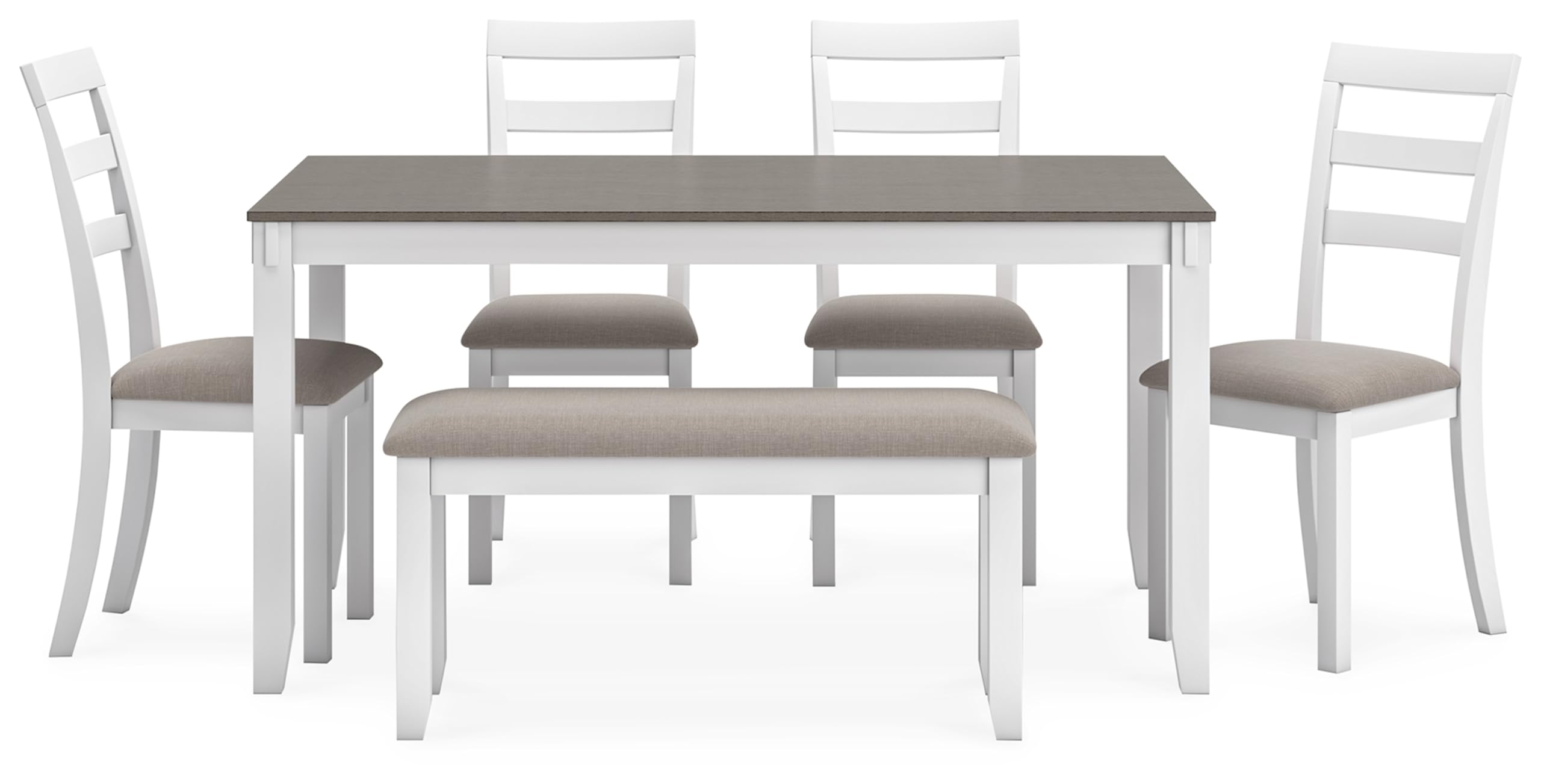 Signature Design by Ashley Stonehollow Modern Farmhouse Dining Table with Upholstered Chairs and Bench, Set of 6, White & Gray