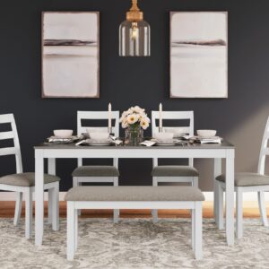 Signature Design by Ashley Stonehollow Modern Farmhouse Dining Table with Upholstered Chairs and Bench, Set of 6, White & Gray