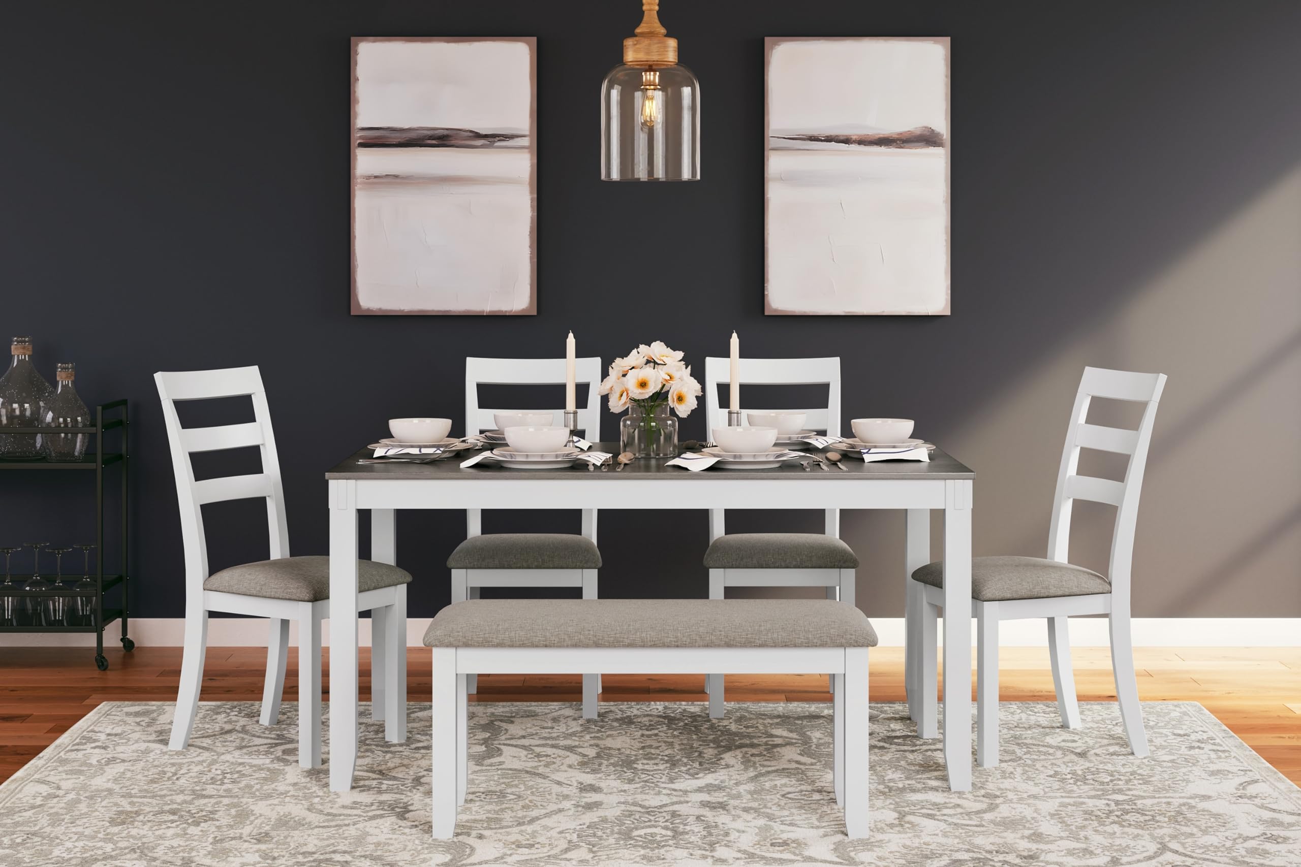 Signature Design by Ashley Stonehollow Modern Farmhouse Dining Table with Upholstered Chairs and Bench, Set of 6, White & Gray