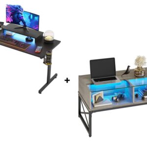 Bestie Gaming Room Set 42 inch LED Small Gaming Desk with Monitor Stand Bundle with LED Coffee Tables for Living Room,