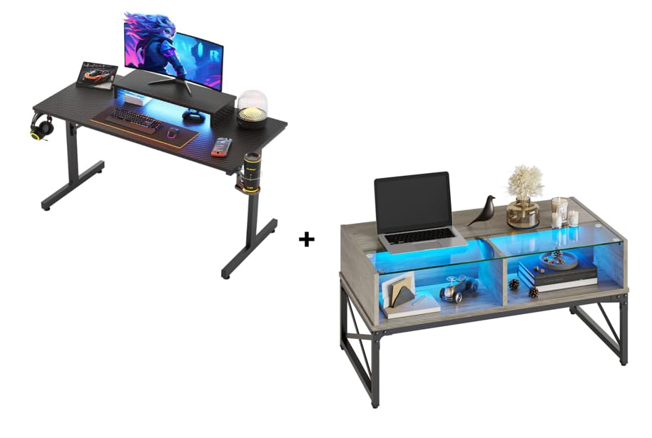 Bestie Gaming Room Set 42 inch LED Small Gaming Desk with Monitor Stand Bundle with LED Coffee Tables for Living Room,