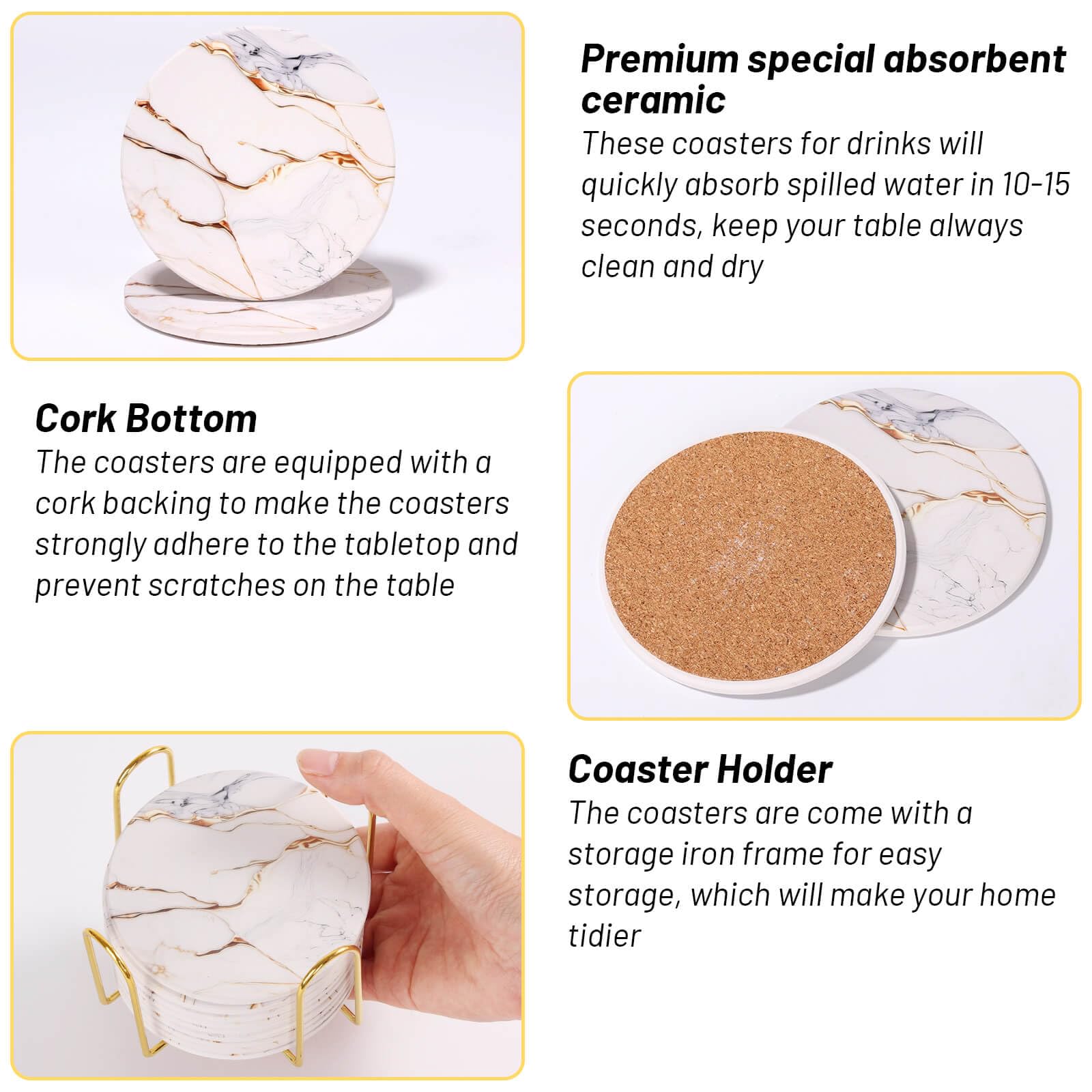 9 Pieces Ceramic Drink Coasters with Holder, Billbotk Absorbent Drink Coasters for Coffee Table, Marble Style Coasters Wooden Table, Suitable for Kinds of Cups, 4 Inches