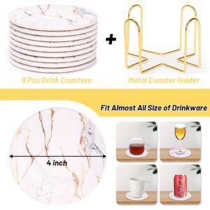 9 Pieces Ceramic Drink Coasters with Holder, Billbotk Absorbent Drink Coasters for Coffee Table, Marble Style Coasters Wooden Table, Suitable for Kinds of Cups, 4 Inches