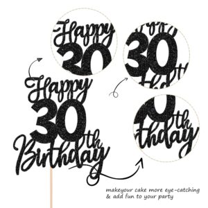 1 PCS Happy 30th Birthday Cake Topper Glitter Cheers to 30 Years Birthday Cake Pick Thirty Hello 30 Fabulous Cake Decoration for Happy 30th Birthday Anniversary Party Decorations Supplies Black