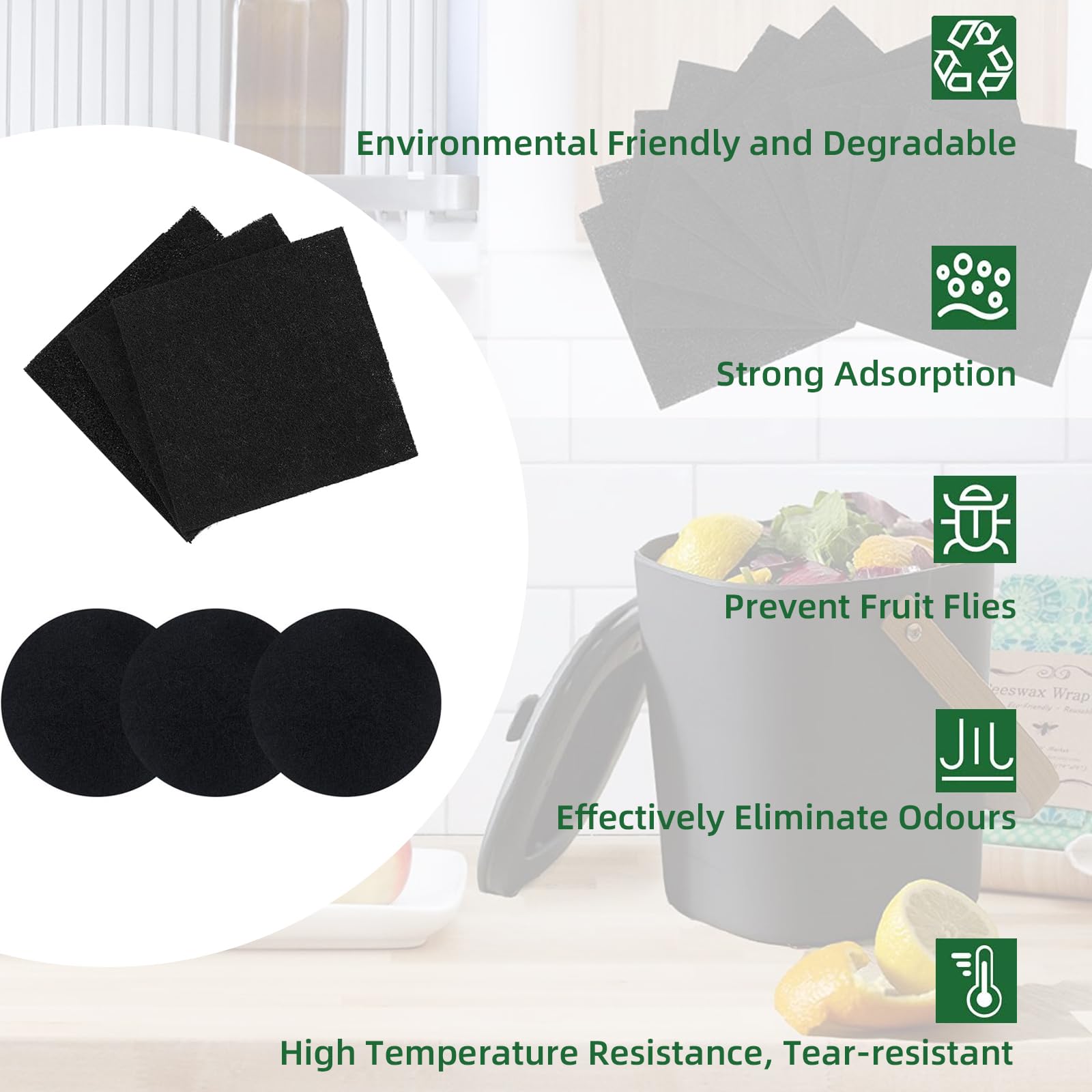 6 Pack Activated Carbon Compost Bin Filters, 6.75 Inch +5 Inch Round Replacement Filters for Kitchen Compost Pail, Countertop Bucket Refill Sets, Compatible with Compost Collector Square+Round