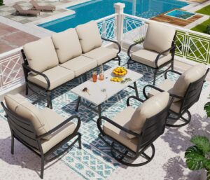 phi villa 6 piece patio furniture sets with 1 x 3 seater padded deep seating bench, 2 x swivel cushioned sofa chairs, 2 x leg sofa chairs and 1 x coffee table, outdoor metal furniture set for 7