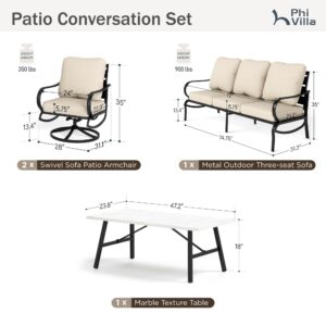 PHI VILLA 6 Piece Patio Furniture Sets with 1 x 3 Seater Padded Deep Seating Bench, 2 x Swivel Cushioned Sofa Chairs, 2 x Leg Sofa Chairs and 1 x Coffee Table, Outdoor Metal Furniture Set for 7