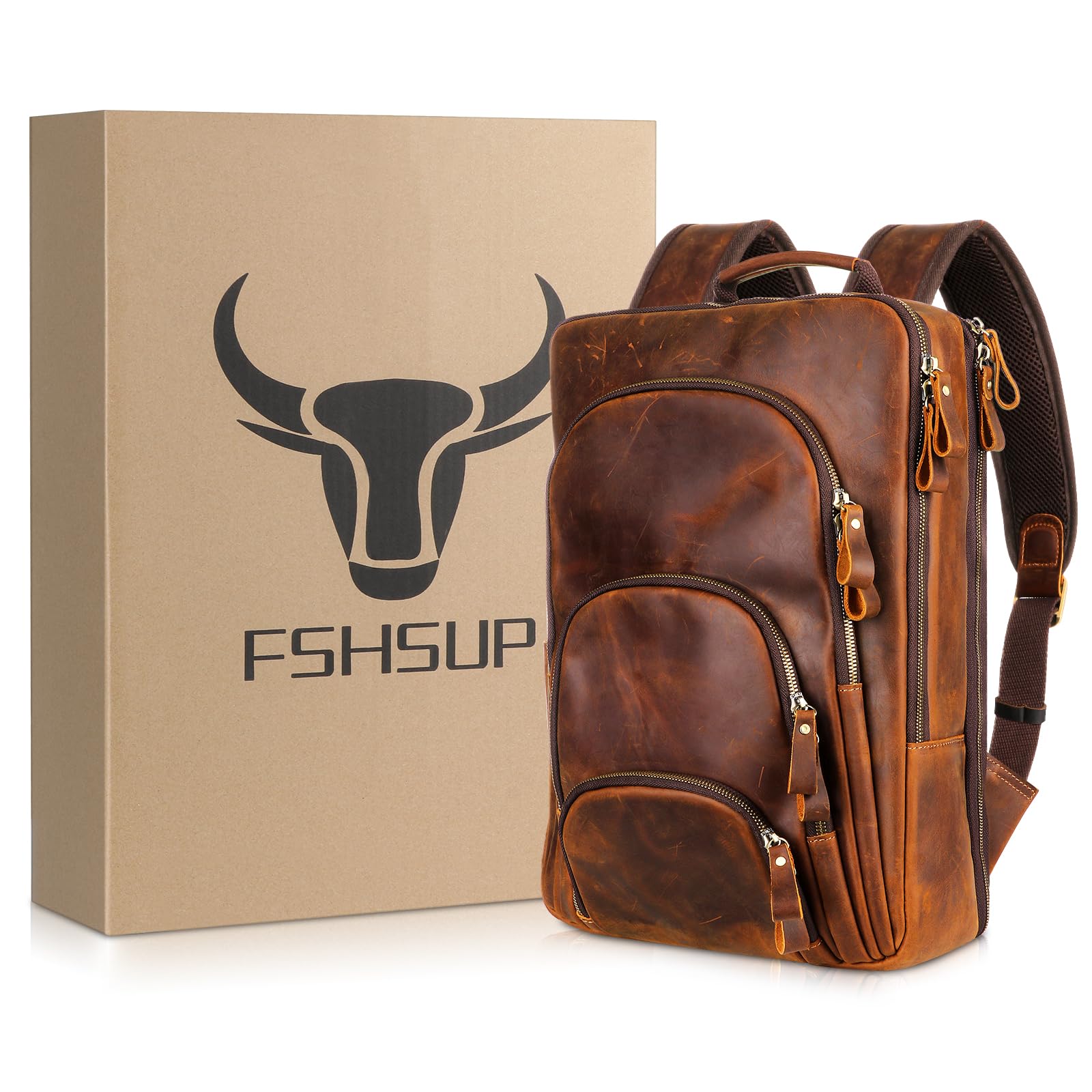 Fshsup Full Grain Leather Backpack 15.6" Laptop Bag Men's Vintage Genuine Leather Business Backpack Travel Hiking Camping Rucksack Overnight Weekender Daypack