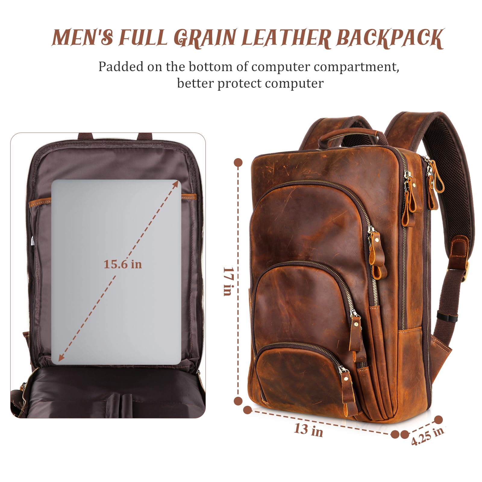 Fshsup Full Grain Leather Backpack 15.6" Laptop Bag Men's Vintage Genuine Leather Business Backpack Travel Hiking Camping Rucksack Overnight Weekender Daypack