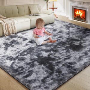 Super Soft Rugs for Living Room, 4X6 Fluffy Shag Area Rugs, High Pile Soft Carpet for Bedroom and Teens living Room, Home Decor, Tie-Dyed Dark Grey