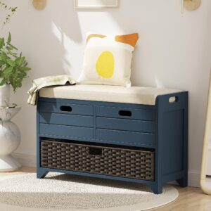 roomtec 32" storage bench for entryway, shoe bench with storage removable basket and 2 drawers, entryway bench with shoe storage, entryway storage for hallway, mudroom and living room, navy