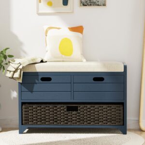 ROOMTEC 32" Storage Bench for Entryway, Shoe Bench with Storage Removable Basket and 2 Drawers, Entryway Bench with Shoe Storage, Entryway Storage for Hallway, Mudroom and Living Room, Navy