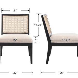 BESTANO Rattan Accent Chairs Mid Century Mordern Black Wooden Accent Armless Chair with Rectangle Cane Back Farmhouse Upholstered Patio Chairs for Living Room Bedroom Reading Indoor, Beige Linen