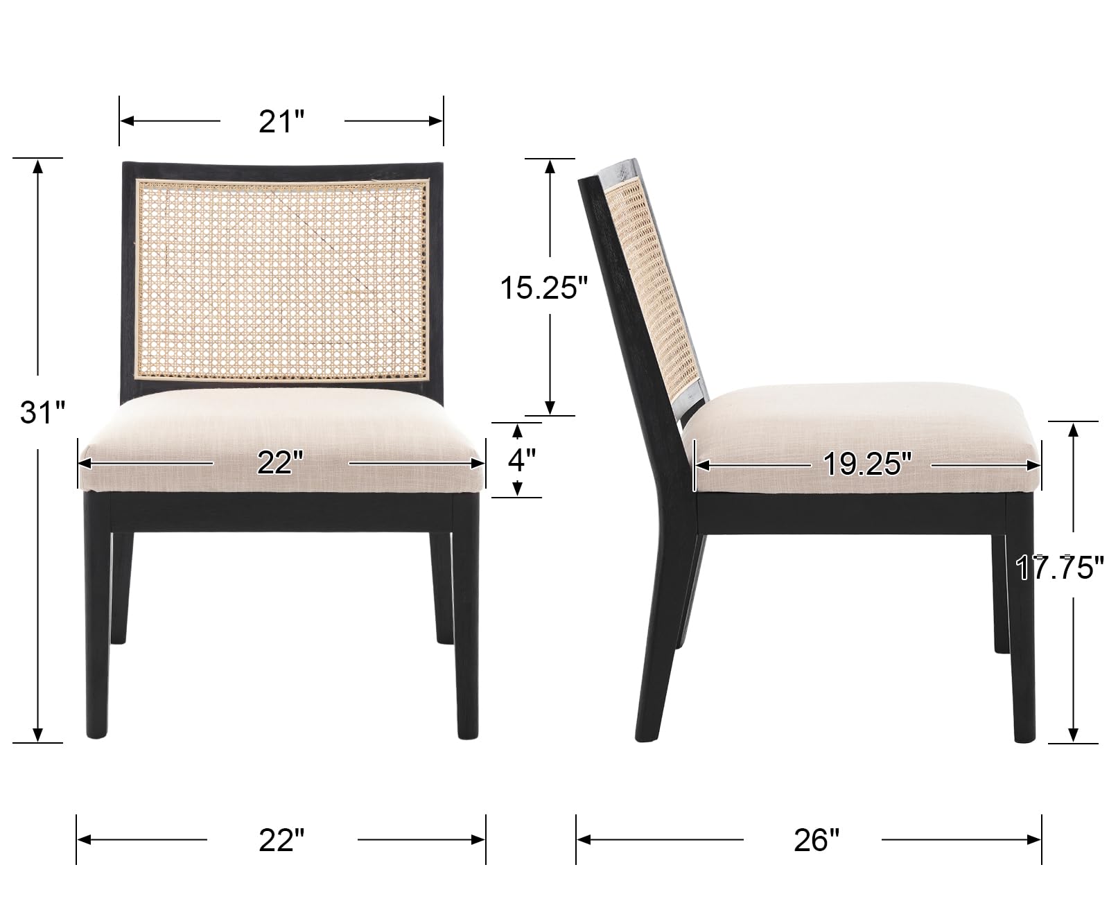 BESTANO Rattan Accent Chairs Mid Century Mordern Black Wooden Accent Armless Chair with Rectangle Cane Back Farmhouse Upholstered Patio Chairs for Living Room Bedroom Reading Indoor, Beige Linen