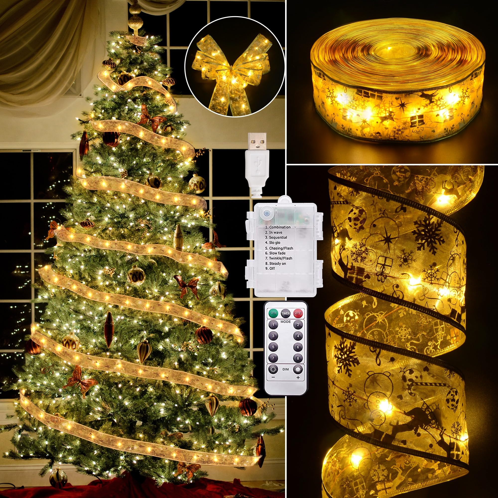 Christmas Decorations - 2.5Inch x 66Ft 200 Led Christmas Tree Ribbon Lights with 8 Lighting Modes, Battery Operated & USB Powered Fairy String Lights with Timer for Xmas Tree Decor