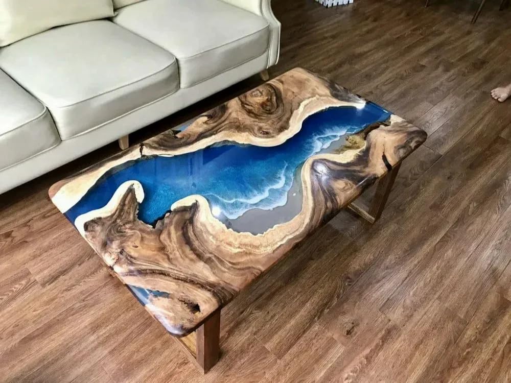 Natural Wood Unique Blue Ocean with Wave Look Resin Epoxy Table Coastal table Top Dining Table Coffee Table Side/End Table Home Décor (28.5" Inches Tall, 72 x 36 Inches)