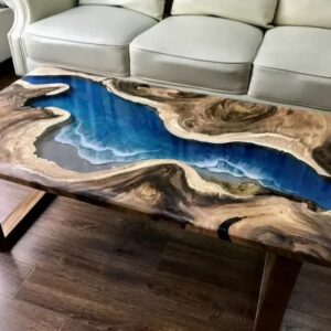 Natural Wood Unique Blue Ocean with Wave Look Resin Epoxy Table Coastal table Top Dining Table Coffee Table Side/End Table Home Décor (28.5" Inches Tall, 72 x 36 Inches)