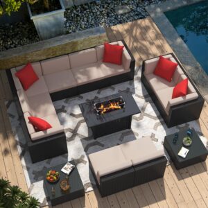 greesum patio furniture 13-pieces outdoor pe rattan sectional sofa w/43in gas fire pit table sets 55000 btu add warmth to gatherings parties on deck garden backyard, beige