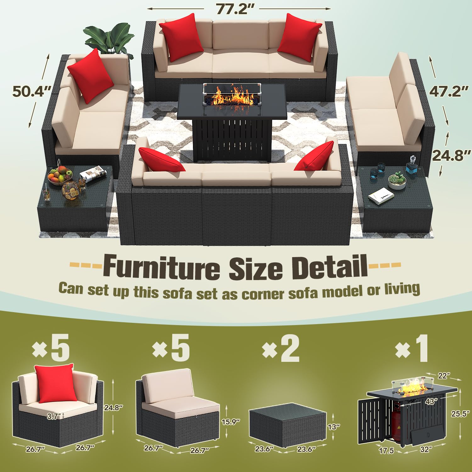 Greesum Patio Furniture 13-Pieces Outdoor PE Rattan Sectional Sofa w/43in Gas Fire Pit Table Sets 55000 BTU Add Warmth to Gatherings Parties On Deck Garden Backyard, Beige