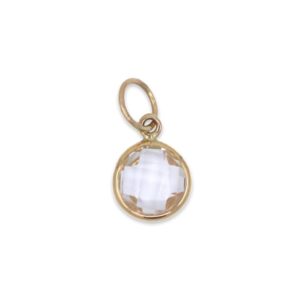 White Quartz Charm 6mm Round Checkerboard-Cut Handmade In 14k Yellow Gold