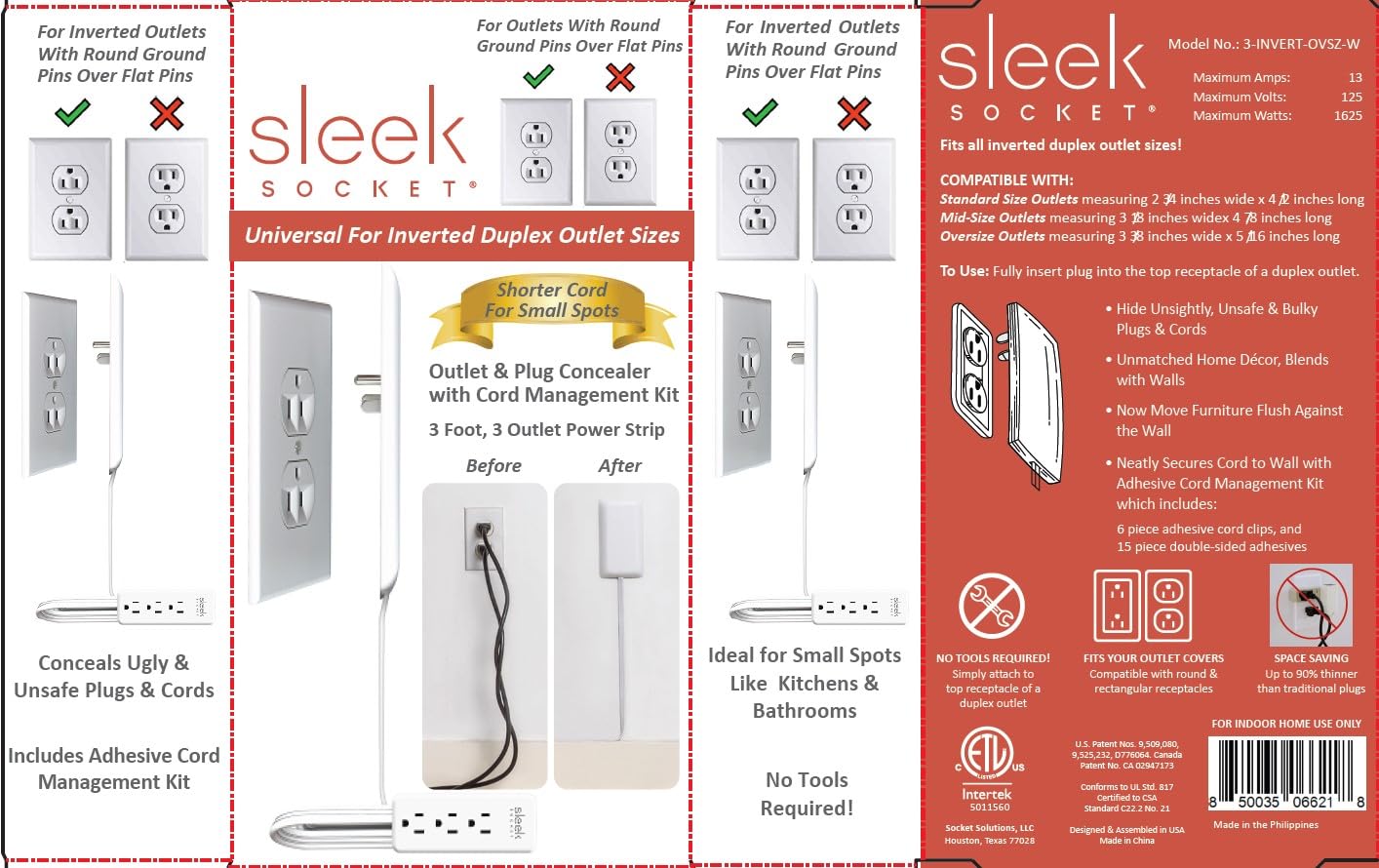 Sleek Socket - The Original & Patented Ultra-Thin Outlet Concealer for INVERTED Outlets w/Cord Concealer Kit, 3 Outlet, 3-Ft Cord, Universal Size (Ideal for Kitchens, Small Spots & Behind Furniture)