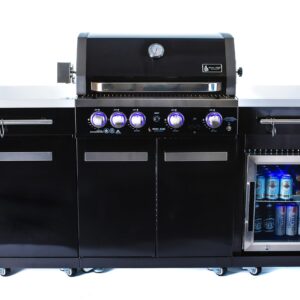 Mont Alpi MA-957FC 5-Burner 63000 BTU Black Stainless Steel Outdoor Kitchen Bar Gas Barbecue Island Grill with Infrared Rear Burner + Fridge Cabinet + Rotisserie Kit & Full Weather Cover