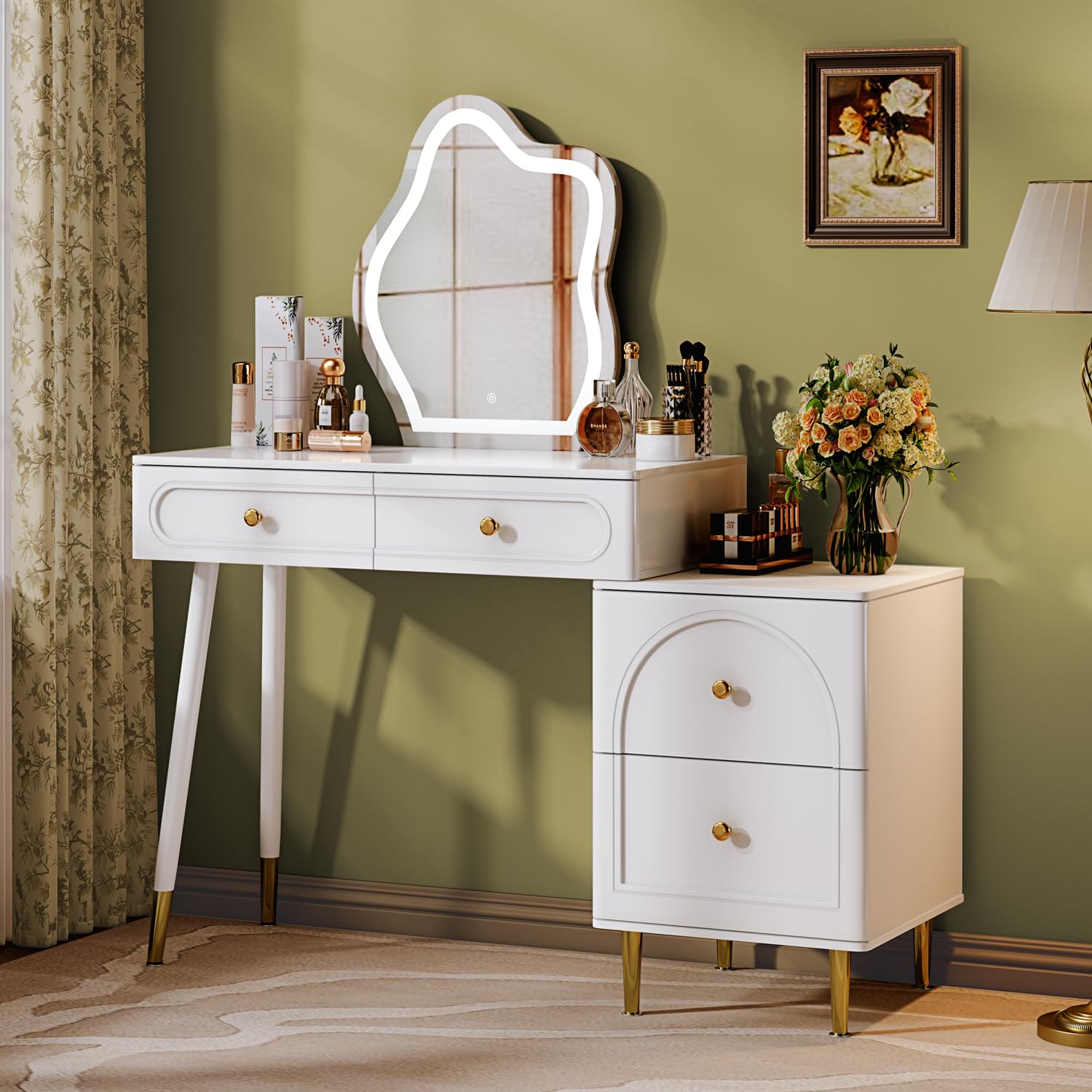 Chrangmay Vanity desk with mirror and lights,Small makeup vanity with 4 drawers,Modern makeup table with Adjustable Cabinet for Bedroom,Makeup Room,Writing Desk,White