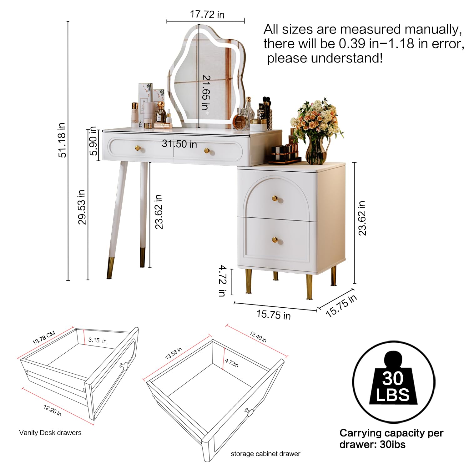 Chrangmay Vanity desk with mirror and lights,Small makeup vanity with 4 drawers,Modern makeup table with Adjustable Cabinet for Bedroom,Makeup Room,Writing Desk,White