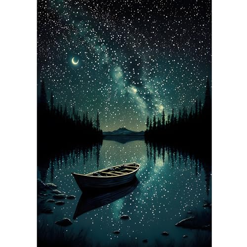 MOGTAA Starry Night Diamond Art Painting Kits for Adults, Canoe Lake Moon Diamond Painting Kits for Beginners, DIY 5D Diamond Dots Kits Landscape Gem Craft for Home Art Decor 12x16 inch