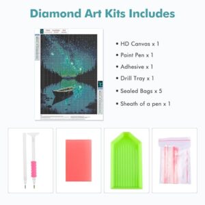 MOGTAA Starry Night Diamond Art Painting Kits for Adults, Canoe Lake Moon Diamond Painting Kits for Beginners, DIY 5D Diamond Dots Kits Landscape Gem Craft for Home Art Decor 12x16 inch