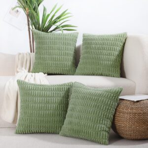 All Smiles Sage Green Decorative Spring Throw Pillow Covers 18x18 Set of 4 Farmhouse Couch Boho Home Decor Soft Plush Striped Corduroy Square Cushion Case for Living Room Couch Bed Sofa