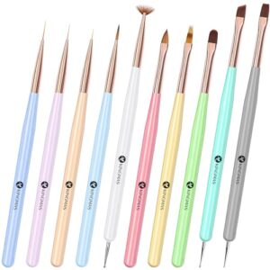 KINGMAS Nail Art Brushes, 10Pcs Nail Gel Polish Painting Brush Drawing Pen, Nail Liner Brush and Nail Dotting Pen Nail Dust Cleaning Brush