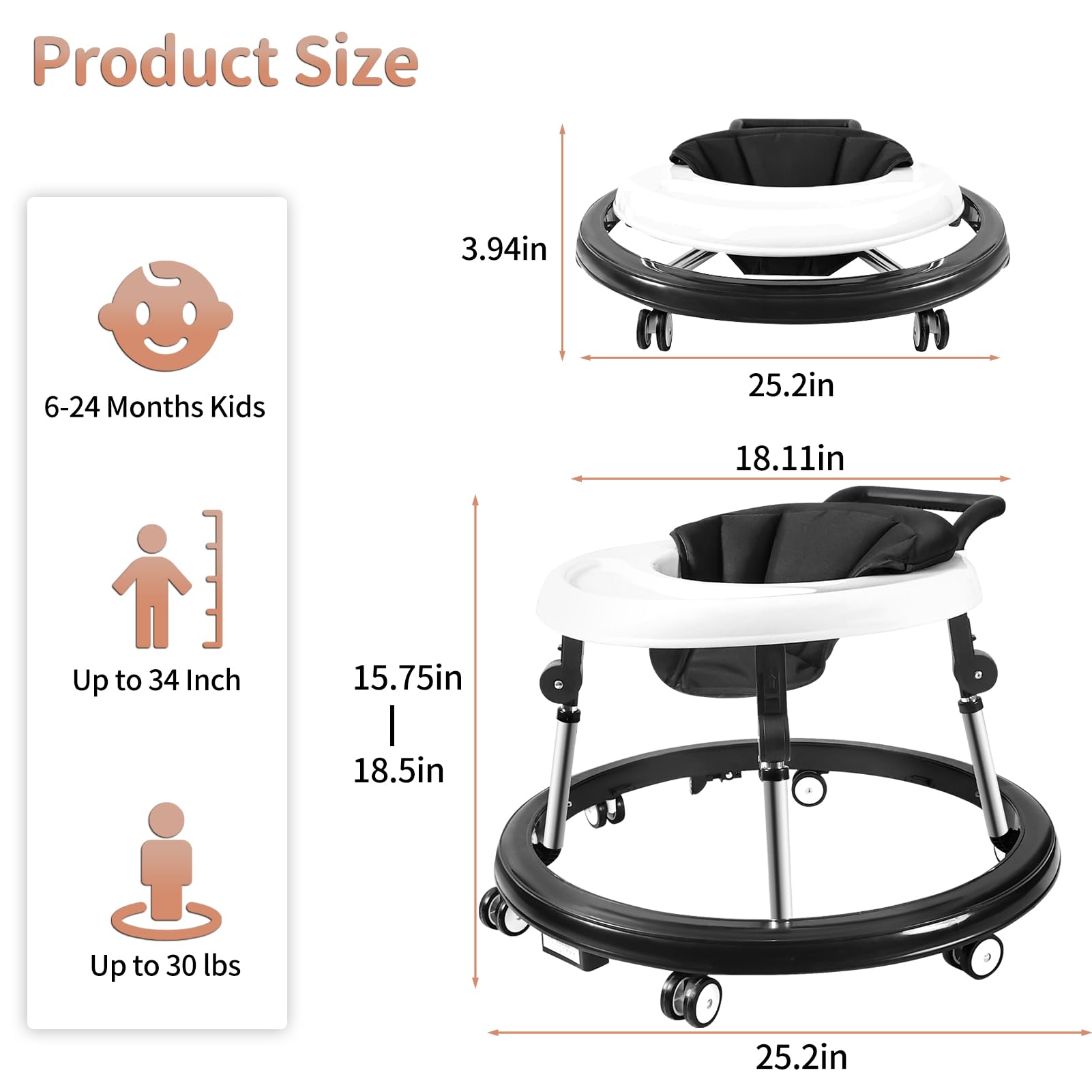 Baby Walker, 9-Gear Height Adjustable Baby Walker with Wheels, Foldable Infant Toddler Walker with Foot Pads, Baby Walkers and Activity Center for Baby Boys and Baby Girls 6-24 Months