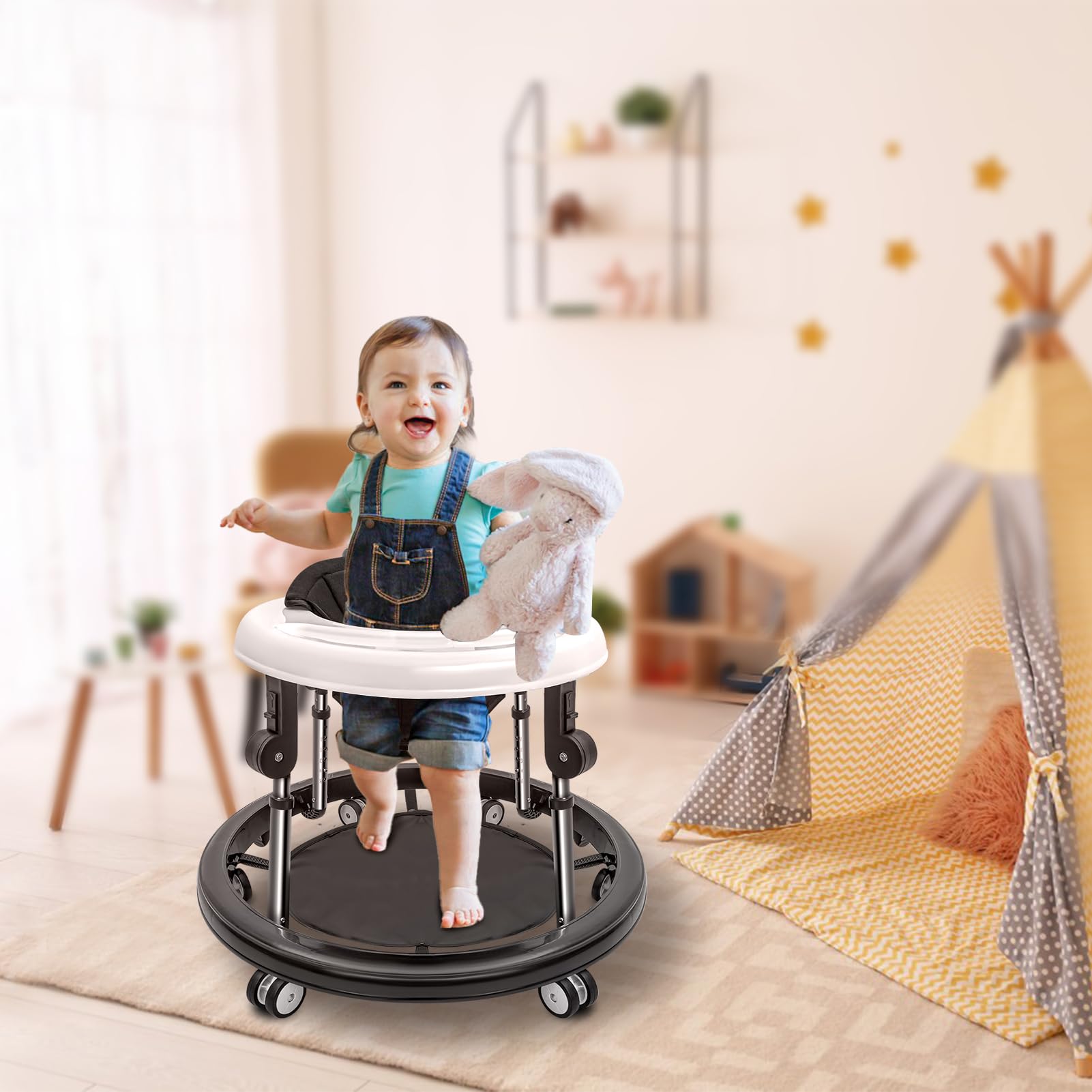 Baby Walker, 9-Gear Height Adjustable Baby Walker with Wheels, Foldable Infant Toddler Walker with Foot Pads, Baby Walkers and Activity Center for Baby Boys and Baby Girls 6-24 Months